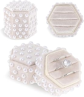 Pearl Velvet Ring Box, Hexagon Ring Gift Box Premium Gorgeous Vintage 3 slots Rings Display Holder with Detachable Lid for Wedding Ceremony (White Hexagon)
