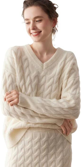 DAISYSILK Womens Cashmere Wool Cable Knit Sweater and Skirt Set, 2 Piece Winter Lounge Outfit