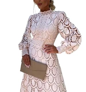 Womens Elegant Lace Ankle Length Dress with Lantern Sleeves Natural Waist Office Lady Style