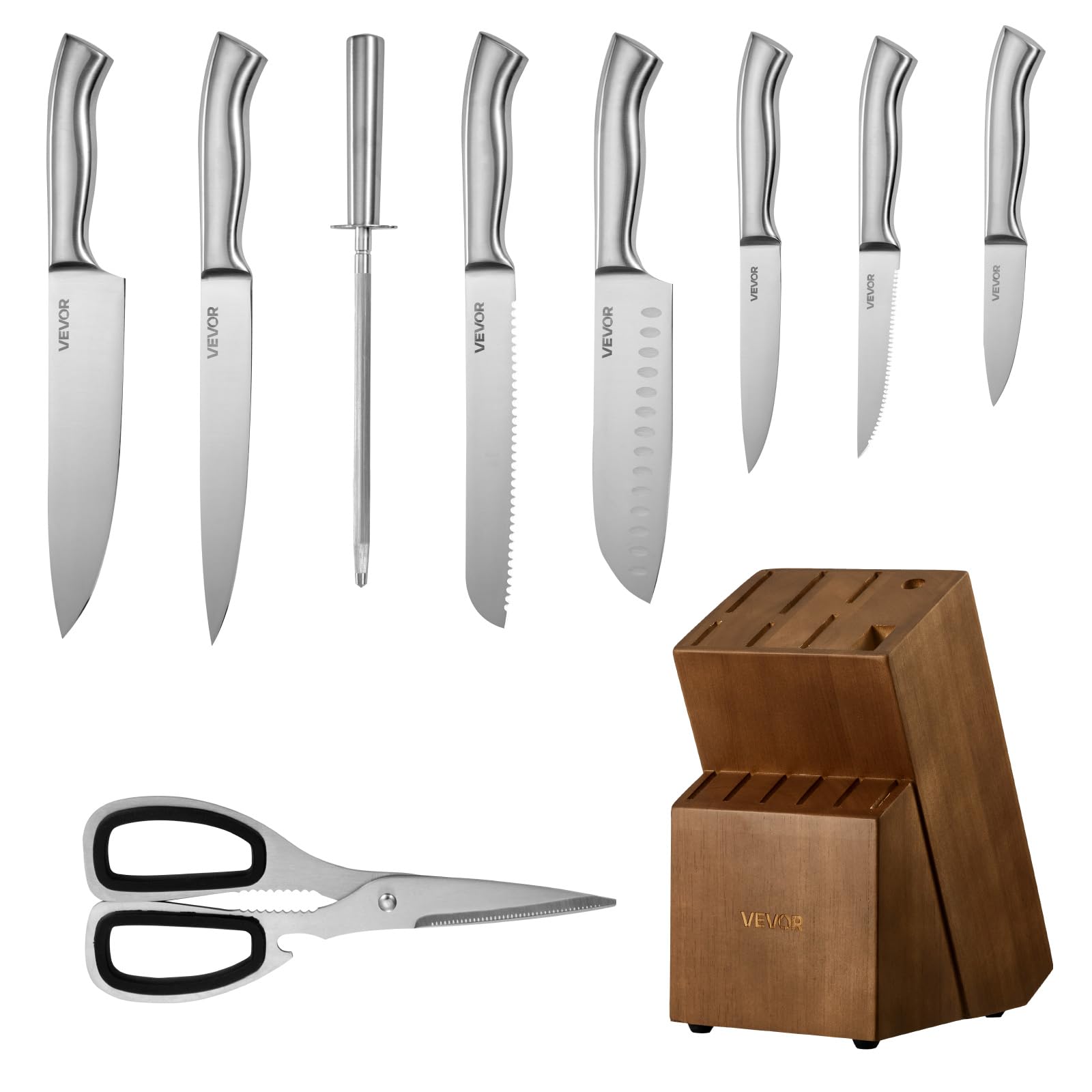 VEVOR Ensemble Couteaux de Cuisine avec Bloc, 15 Pièces, Manche et Lame en Acier Inoxydable à Haute Teneur, Bloc en Bois à Couteaux et Ciseaux de Cuisine Tranchants avec Fusil à Aiguiser