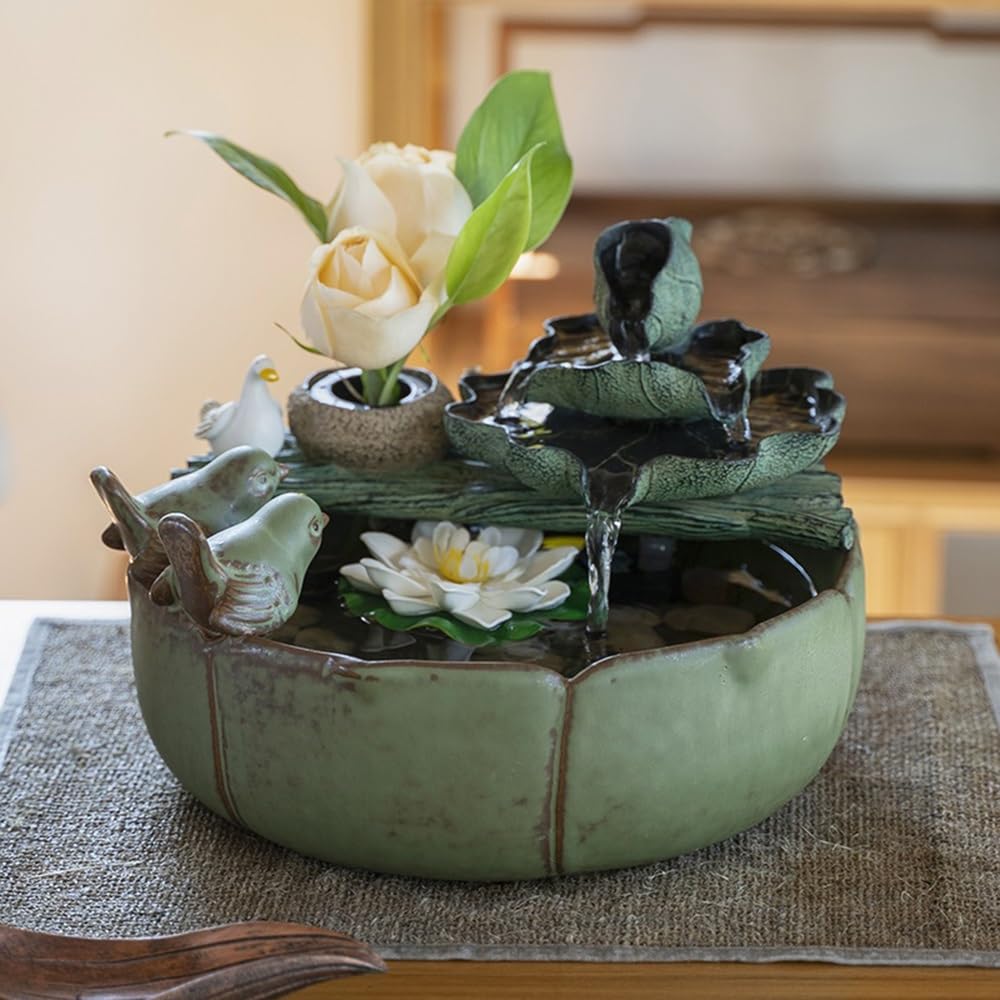 Relajación Fuente de Escritorio con Forma pájaro y Hoja Loto, pequeña Fuente Agua Corriente cerámica, decoración del hogar Serenidad(Medio)