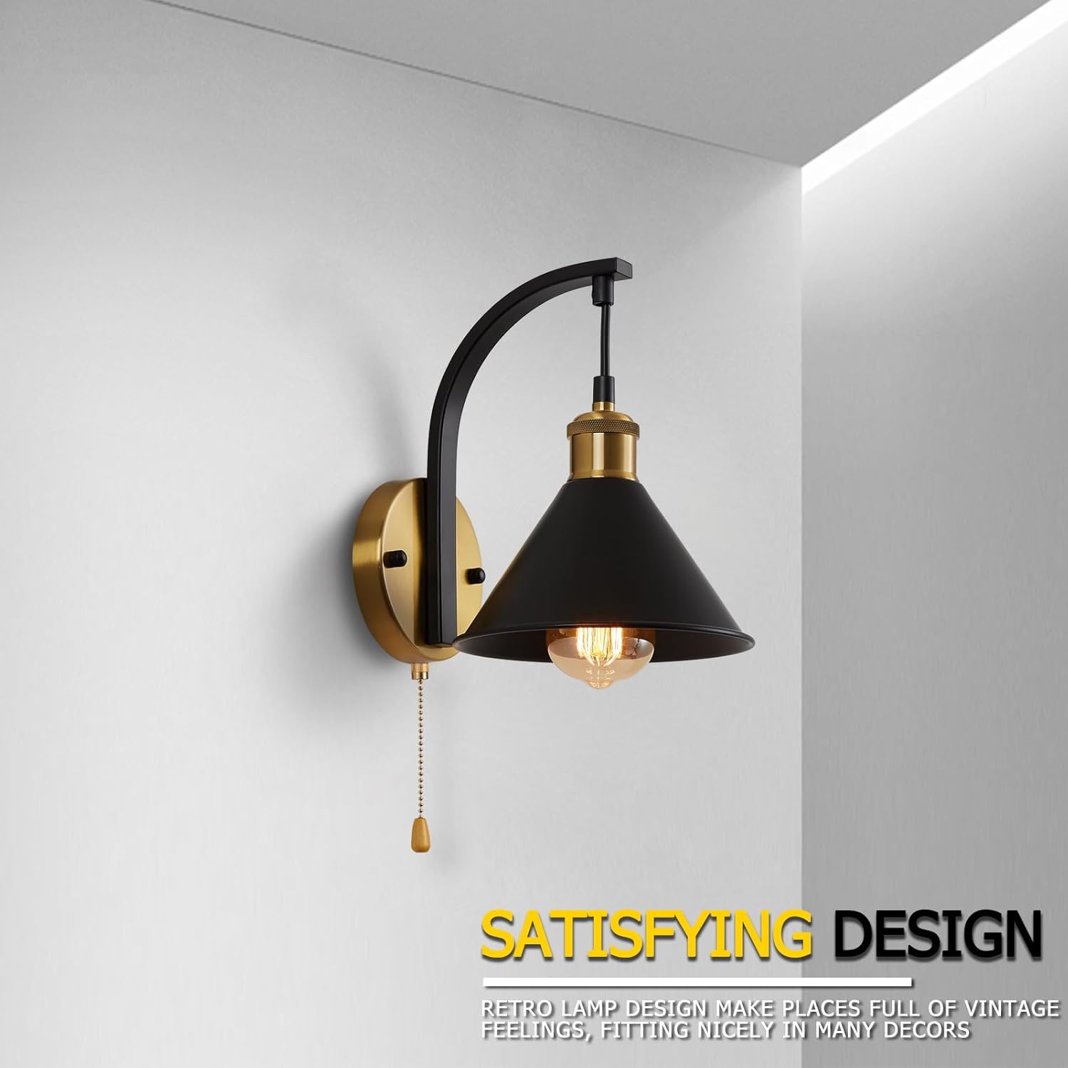 Lightess Industrial Wall Sconces with Pull Cord Switch, Farmhouse Wall Mounted Light Black, Indoor Wall Lighting Fixture for Bedroom Living Room Warehouse, Bulb Not Included