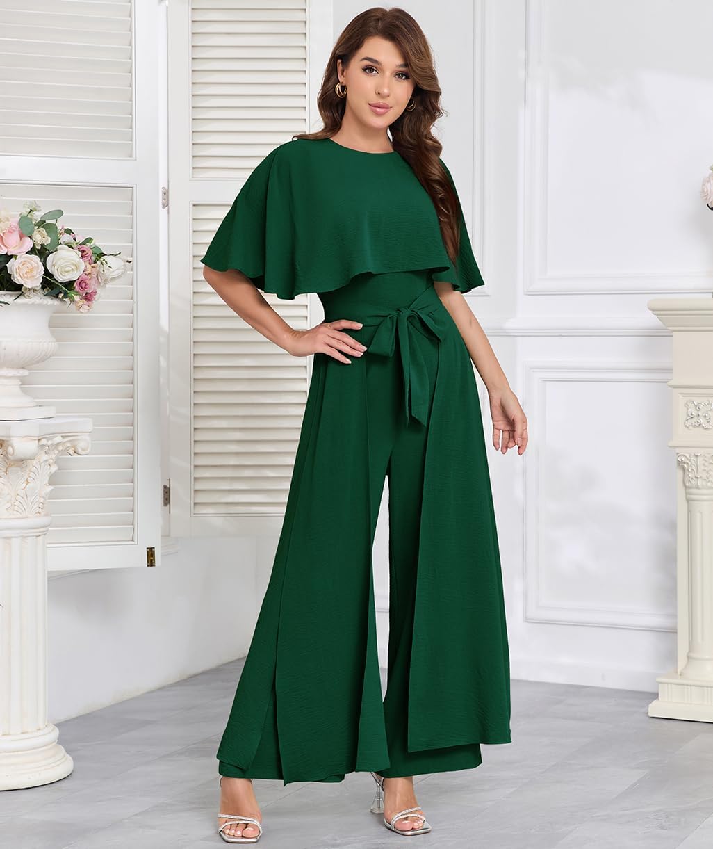 Jumpsuits for Women Dressy Casual One-Piece Outfits Elegant Formal Cape Belted Wide Leg Rompers Evening Pantsuits - Image 5