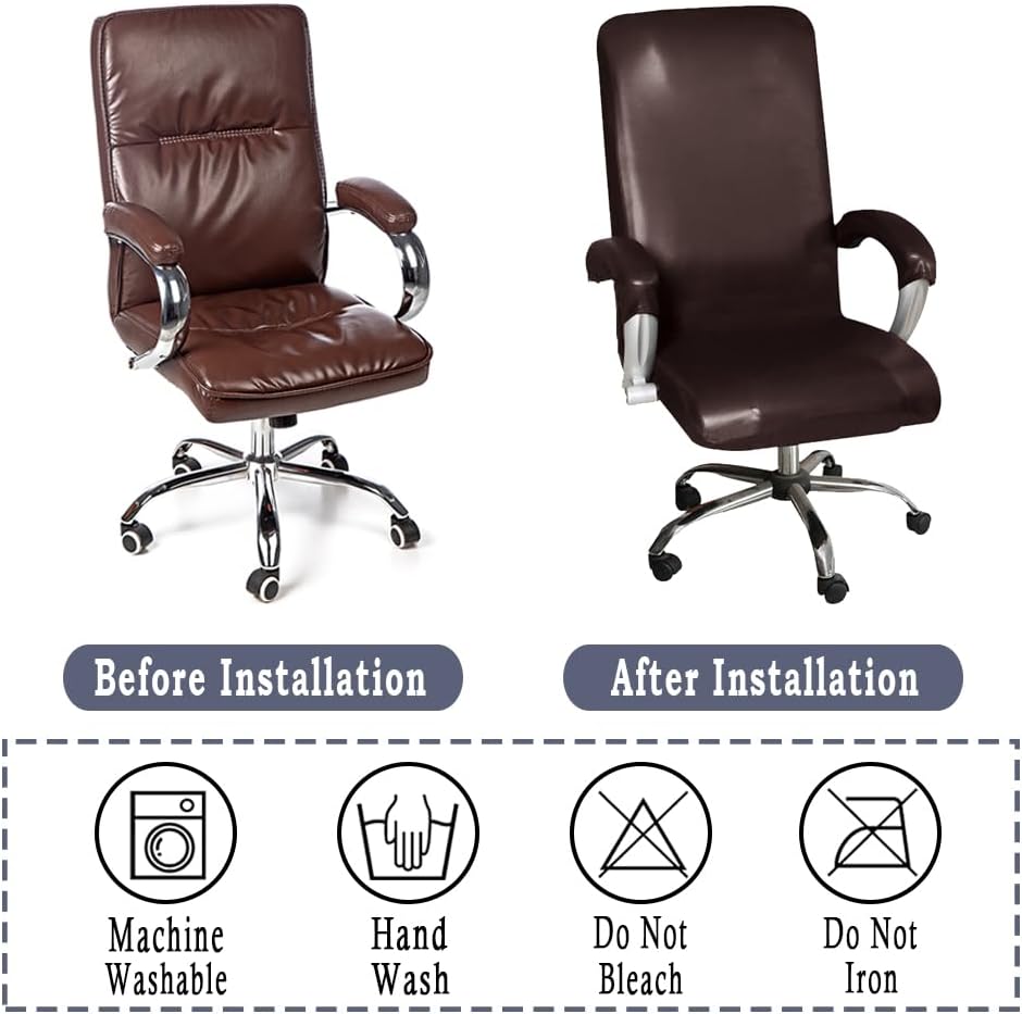 ITFRO Waterproof Office Chair Cover with Armrest Covers Brown PU Leather Computer Desk Chair Cover with Zipper Universal Rotating Gaming Chair Slipcover High Back Chair Seat Protector (Brown)