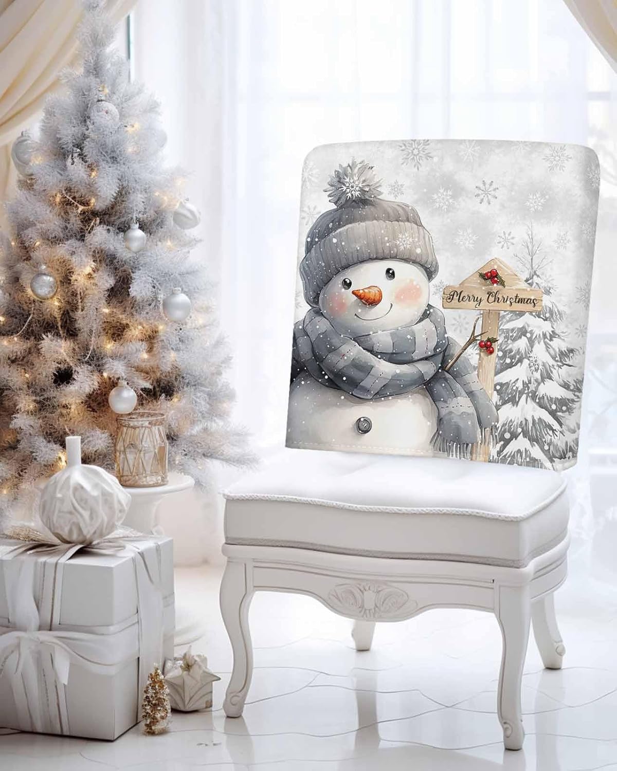 Christmas Chair Covers Set of 6 Snowman Chair Slipcover Protector Removable Washable Stretch Chair Covers Grey Pine Tree Chair Back Covers for Dining Chairs Kitchen Dinner Party Xmas Holiday Decor