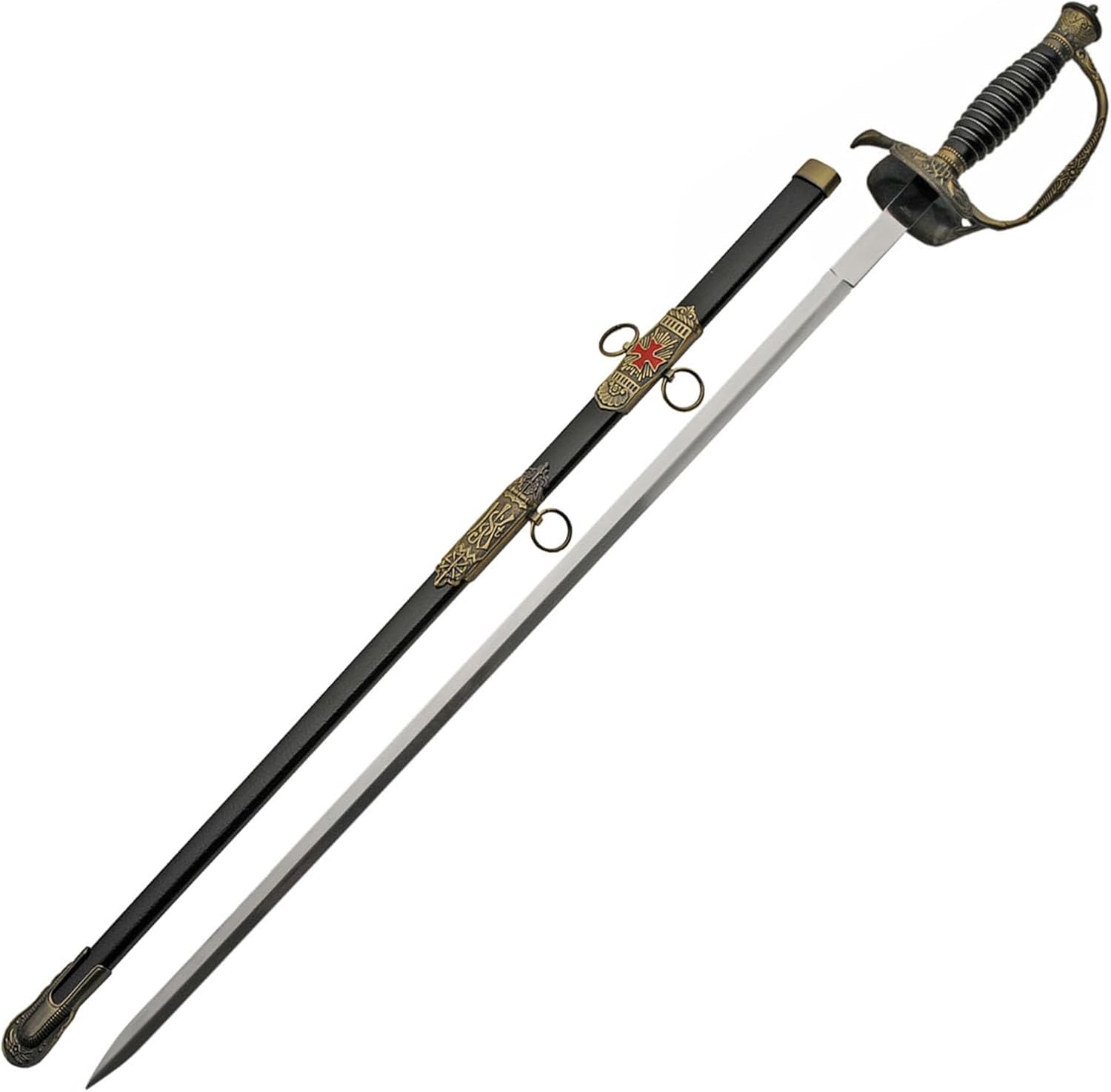 SZCO 35" Swept Hilt Rapier Sword – Stainless Steel Mirror-Finish Blade with Antique D-Guard, Wire Wrapped Handle & Decorative Scabbard for LARP, Cosplay, Display & Collectors