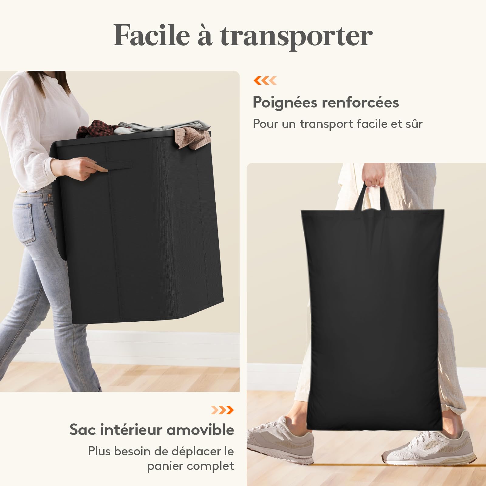 Lifewit Panier à linge Sale avec Couvercle, Grande Corbeille Linge Pliable 3 Compartiments avec Sacs Amovibles, Laundry Basket pour Chambre, Salle de Bain, Dortoir et Buanderie, 150L, Noir