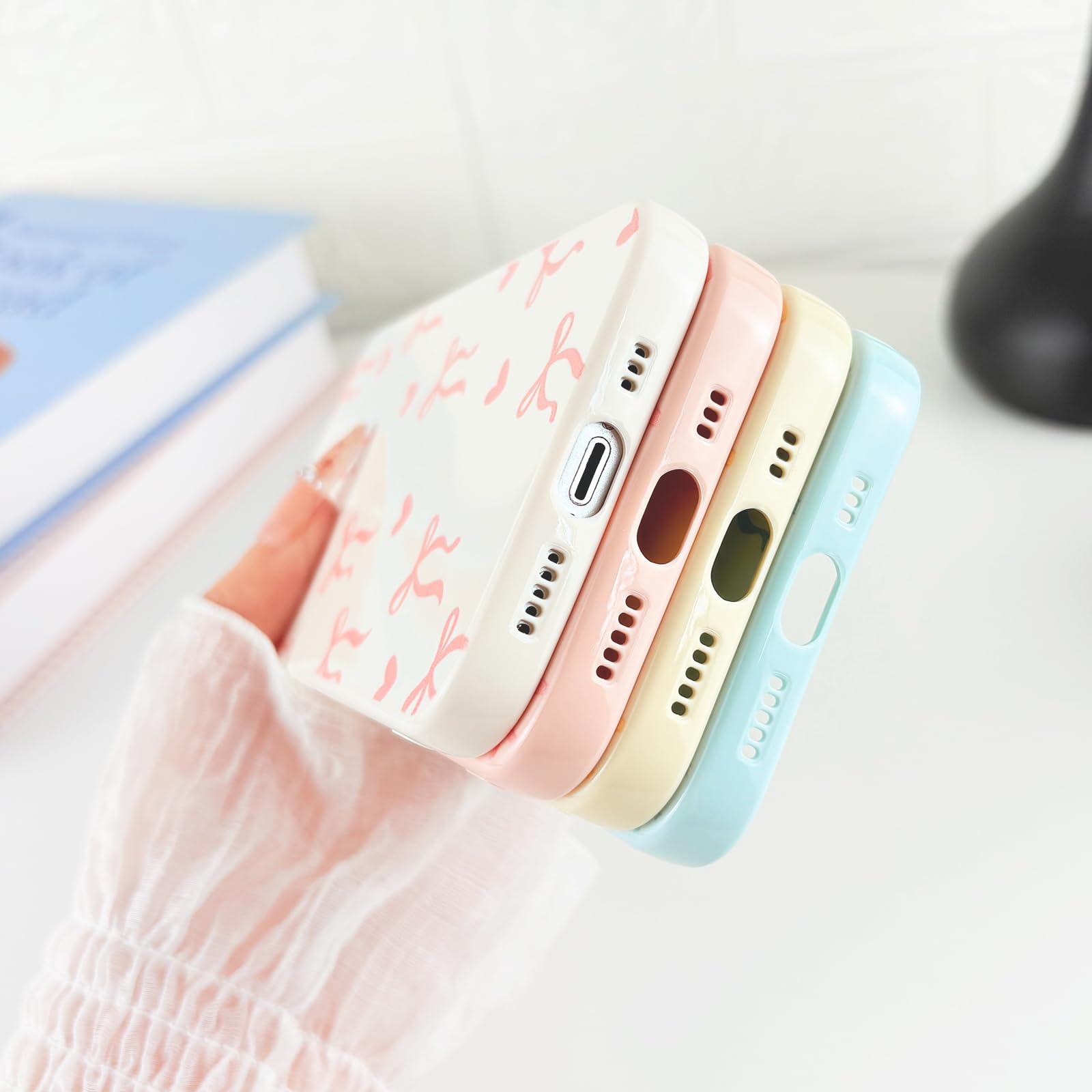 TKJSQ Case For IPhone 14 Pro, Cute Ribbon Bow Love Heart Pattern Aesthetic Gloss Phone Case, Raised Lens Edge Protection, Stylish Slim Soft TPU Protective Cover For IPhone 14 Pro, Blue