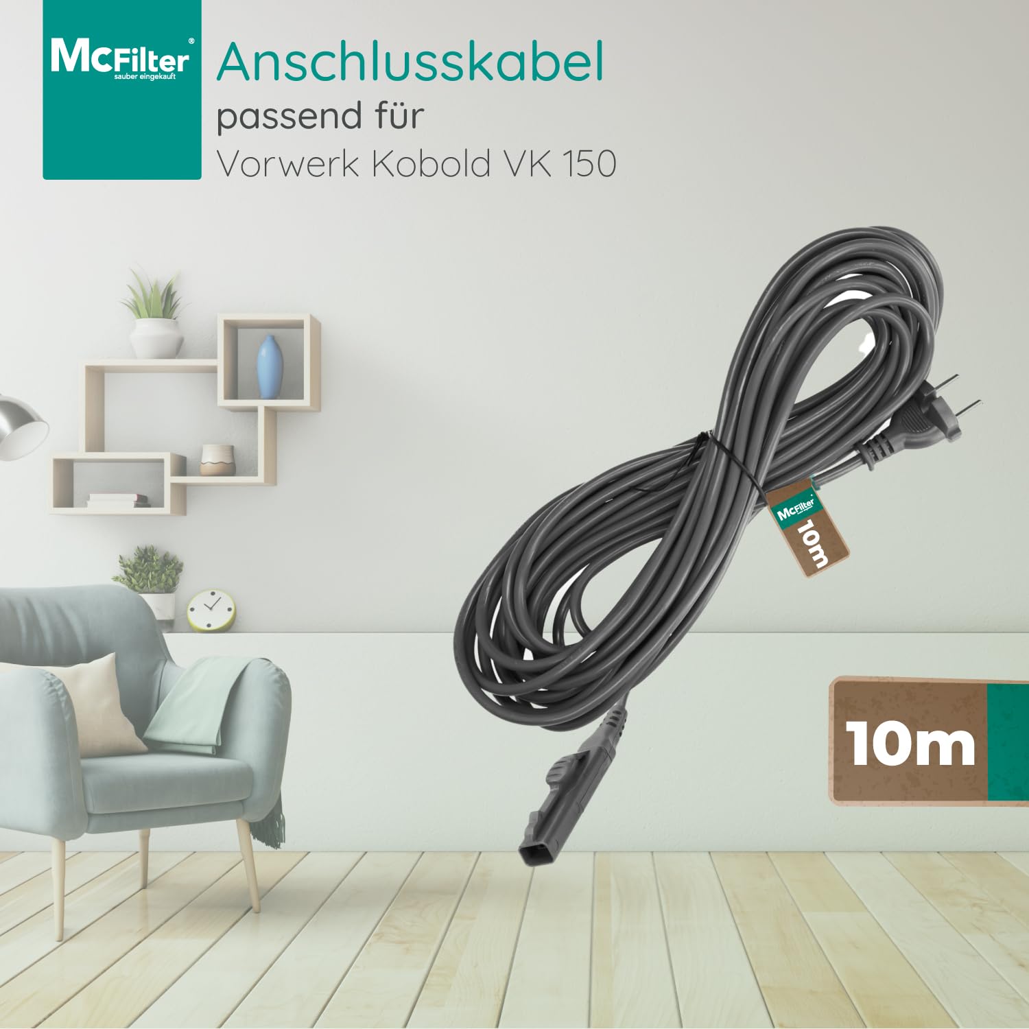 McFilter Cable para aspiradora Vorwerk Kobold VK 150 VK150 - Longitud del Cable de alimentación: 10 m | Cable de alimentación | Cable de Repuesto