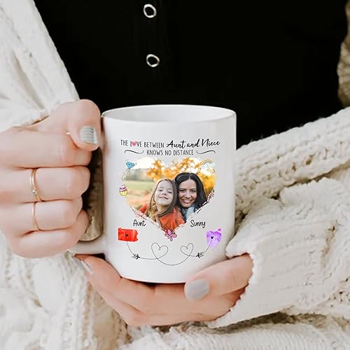 Miniatura 5 de Taza de café blanca personalizada con nombres de estados, regalo para tía y sobrina, The Love Between Them Knows No Distance  Taza de viaje