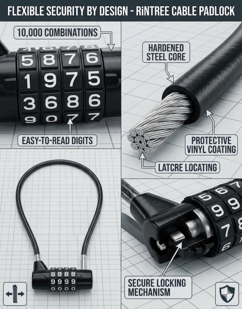 15" Flexible Cable Padlock: Easily Secure Irregular Items with 4-Digit Combo. Heavy Duty Lock for School Gym Locker, Outdoor Gate Fence & Child Proof Cabinet, Weatherproof & Resettable