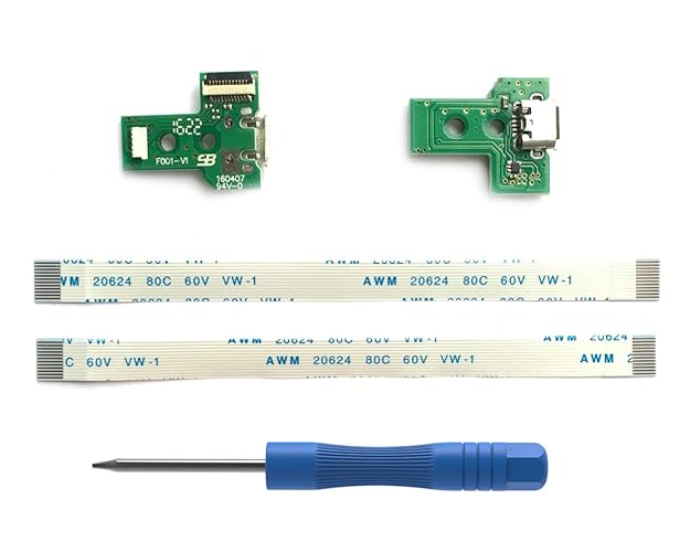 2PCs JDS-030 Replacement Charging Port Assembly for PS4 DualShock 4, Repair Part Micro USB Adaptor Charger Socket Board Connector Module for PlayStation DS4 Controller, Flex Cable, Tool Screwdriver