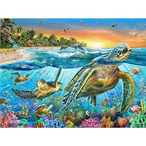 AIRDEA DIY 5D Sea Turtle Diamond Painting Kits for Adults Full Drill Round Ocean Diamond Art Beach Gem Painting Embroidery Rhinestone Cross Stitch Arts Craft Supply for Home Wall Art Decor 30x40 cm