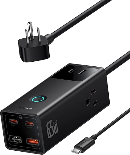 Miniatura 14 de Baseus Estación de carga 100W, tira de alimentación de viaje 5 en 1 con cargador USB C, con cable de extensión desmontable de 5 pies, enchufe plano,