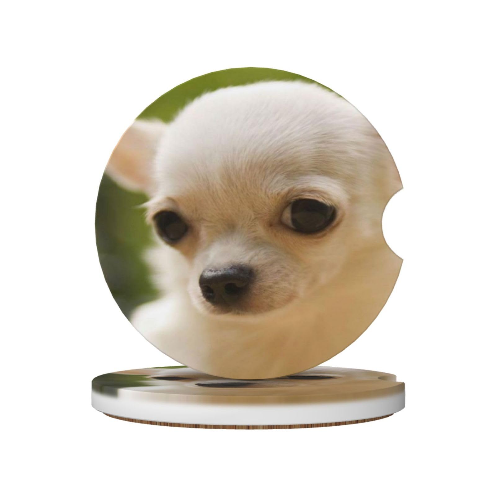 White Chihuahua Dog Face, Car Cup Holder Coasters 2 Pack, Absorbent Ceramic Car Coasters with Non Slip Cork Base