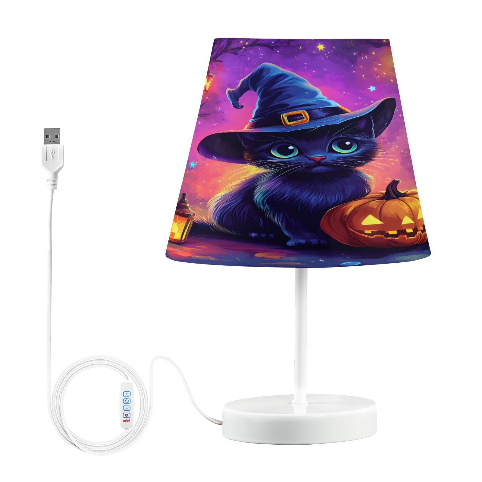 Mnsruu Bedside Table Lamps with USB Ports, Cute Cat with Witch Hat Nightstand Desk Lamps for Bedroom, Living Room, Office,M
