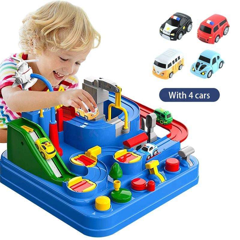 Image of Cable World Montessori Car Adventure Track Toy for Kids with 4 Mini Cars & 6 Control Buttons | Interactive Vehicle Track Set with Helicopter, Bridge & Parking Challenges |Fine Motor Skill Toy for Kids