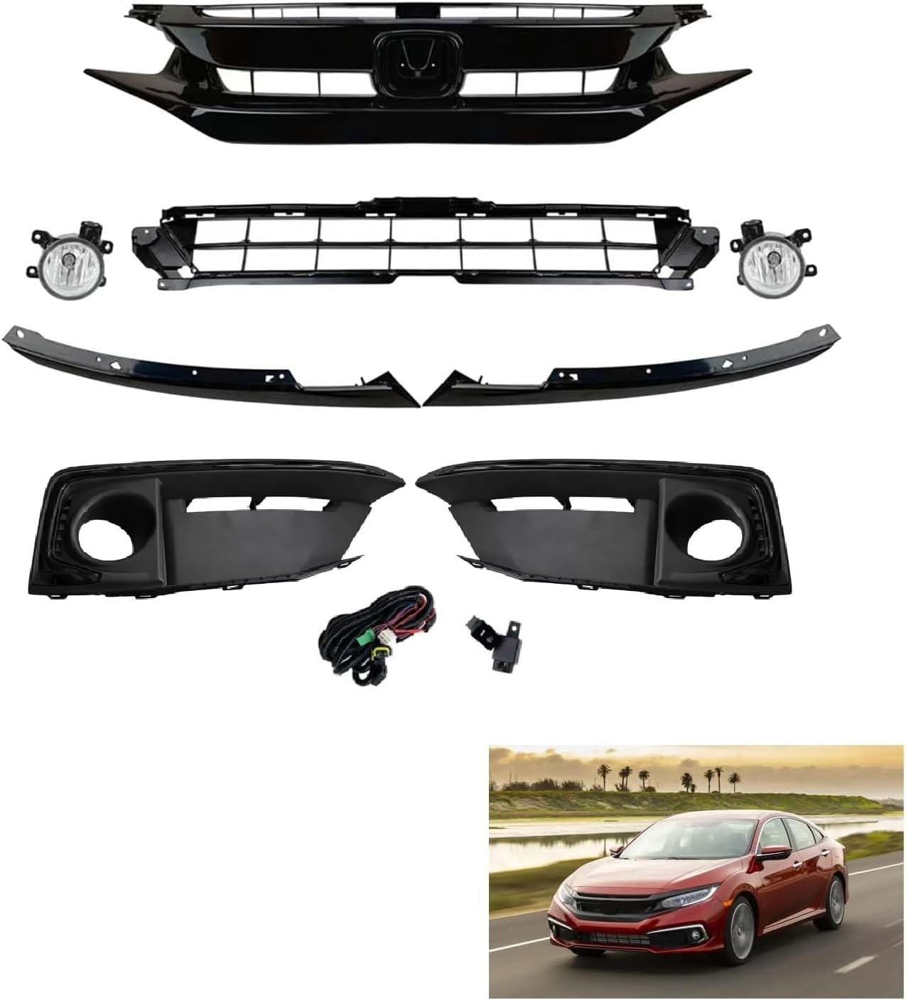 Civic Front Upper & Lower Grille & Fog Light Set Compatible with 2019 2020 2021 Honda Civic LX EX Touring Sport Sedan W/Grill Molding Trim Black