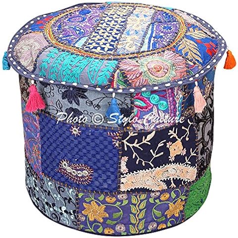 Stylo Culture Ottoman Pouffe Footstool Fabric Cover Vintage Navy Blue Ethnic Embroidered Patchwork Cotton Traditional Round Pouf Ottoman Cover (18x18x13 Inch) 45cm (COVER ONLY) Cover