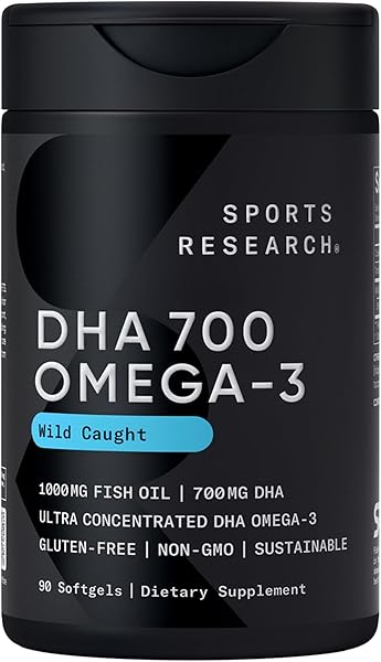 Sports Research® DHA Omega-3 Fish Oil 700 mg – Single Source Wild-Caught Fish – Supports Brain Health* – Burpless, Non-GMO, Gluten-Free, Sustainably Sourced – 90 Softgels