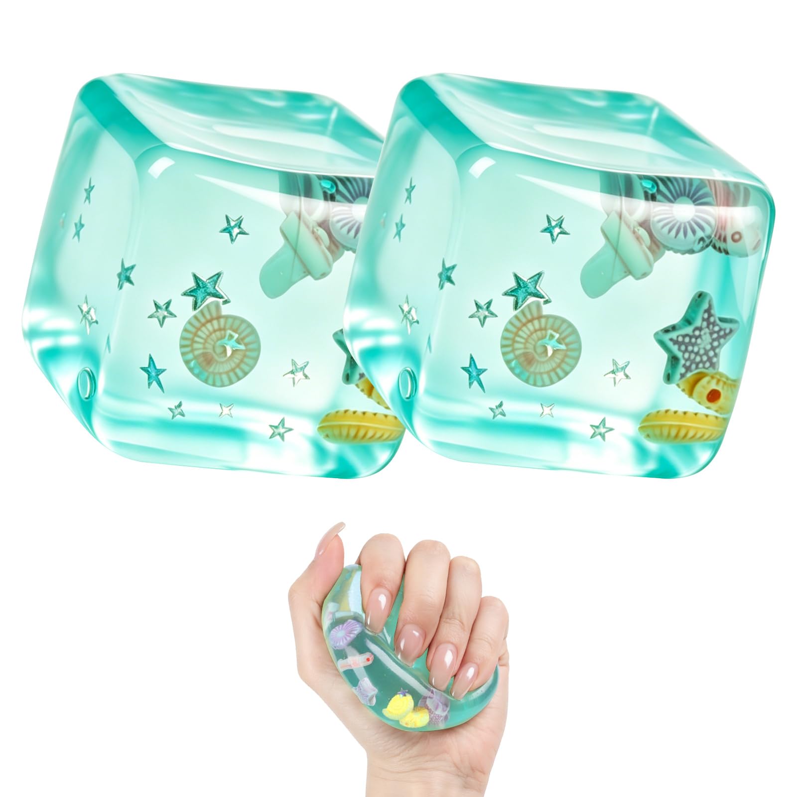 Ice Cube Stress Ball Fidget Toy - Slow Rise Cube Squishy Fidget Toy, Ocean Shells Squishies Inside Sensory Stress Relief Ice Cube-Ball Toys, Squeeze Ball for Adults, Teens (Green & Green)