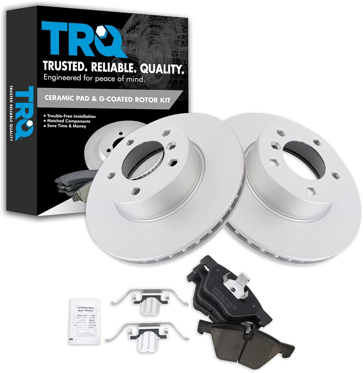 TRQ Front Brake Pad & Rotor Kit Brake Pads Brake Rotor Ceramic Premium G-Coated Compatible with 2008-2013 BMW 128i 2006 325i 325xi 2007 328i 328xi