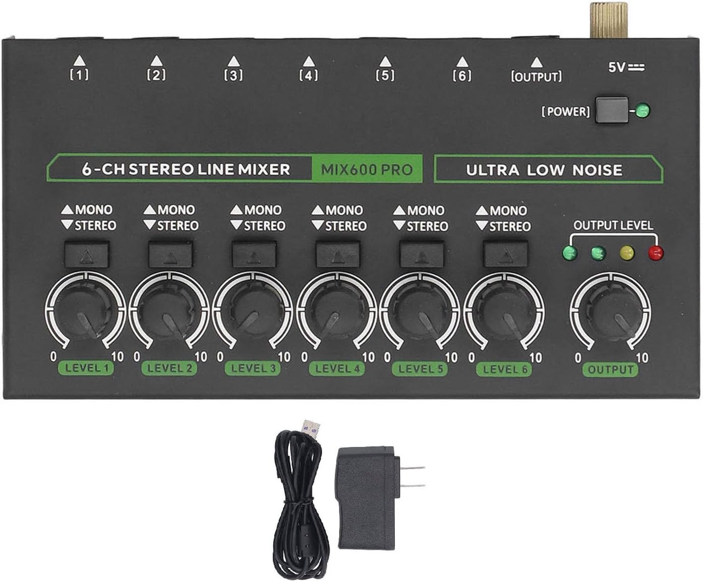 6 Channel Mixer, Low Noise Stereo Mono Audio Mixer with 6.35mm Input Output Interface, for Stage Recording Studio Keyboard Small Setup (US Plug)