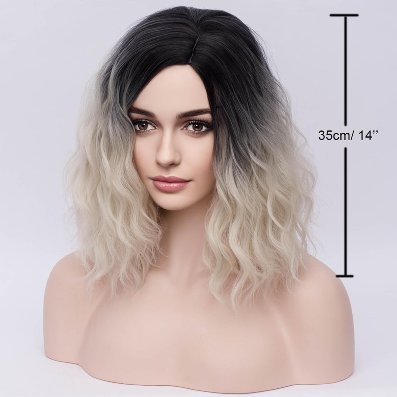 BERON  Wigs for Women Short Curly Bob Wavy Wig Girls Ombre Green 14" Body Wave Shoulder Length Hair Wig Heat Resistant Synthetic Halloween Cosplay Daily Party Wigs: BERON Black Ombre Platinum Women Wig Girls Short Curly Wavy Hair Wigs Shoulder Length Synthetic Wigs for Daily or Cosplay Use