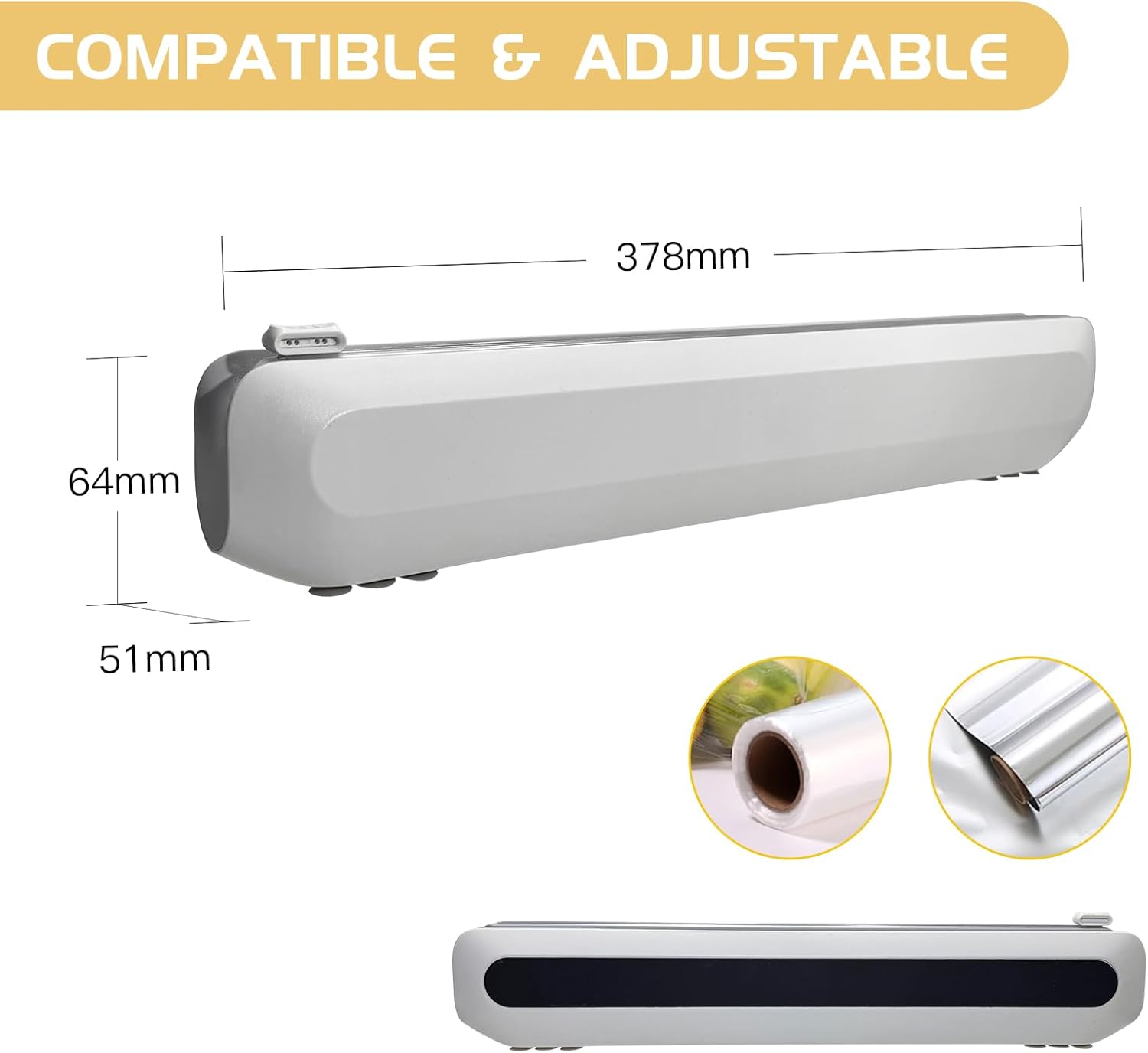 Magnetic Cling Film Dispenser with Cutter - Enhanced Foil Cutter Dispenser, Functional Aluminium Foil Dispenser Drawer for Kitchen, Foil Dispenser with 50 m Cling Film, Sleek White