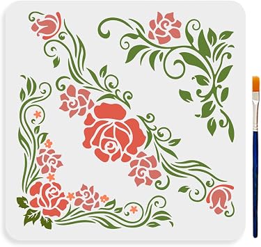 MAYJOYDIY Corner Flower Rose Stencil 11.811.8inch 3 Styles Vintage Rose and Vine Pattern Reusable Rose Flower Stencils for Painting with Paint Brush for Wood Canvas Wall Furniture