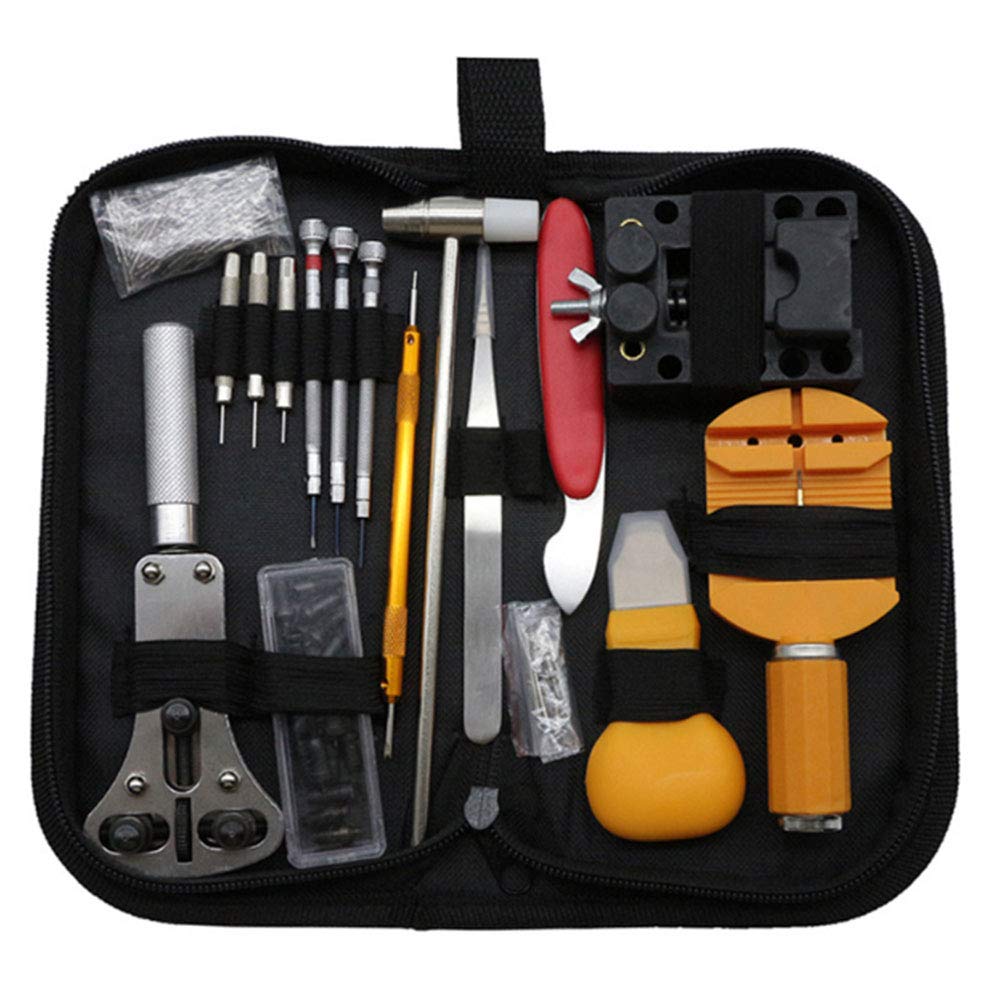 Kit de reparación de relojes, 147 piezas, juego de herramientas profesionales con herramientas de barra de resorte, removedor de eslabones de regla, herramientas de repuesto de batería, funda de