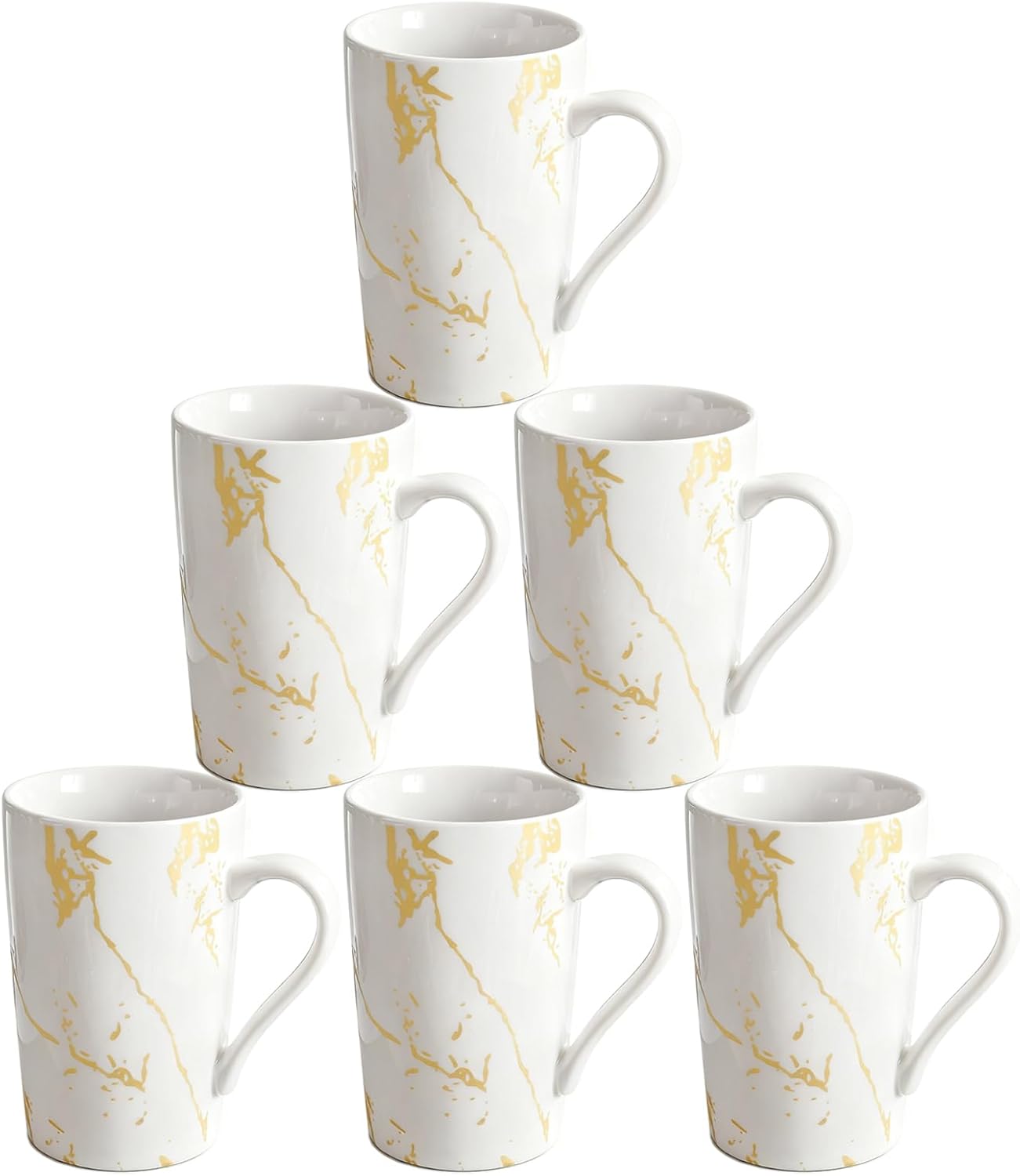 Porcelain Coffee Mugs Set of 6, White and Gold – 12 Ounce Ceramic Mugs for Coffee, Tea, Cappuccino, Latte & Hot Cocoa – Elegant Porcelain Mug Set