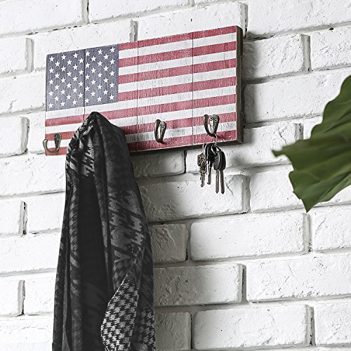 Mygift Wooden American Flag Key Holder, 4-Hook Key Rack Patriotic Design Wood Wall Mounted Entryway Hooks #TOP3