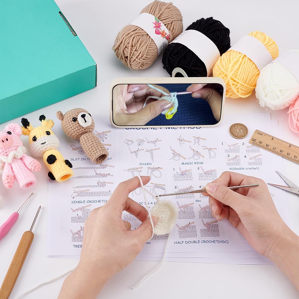 ORIGACH 8 Set Animal Finger Puppets Crochet Kit for Beginner Adults, Cute Pig Bear Chick Elk Crochet Kit with Step by Step Video Tutorial, Instruction, Yarn, Hook, Accessories