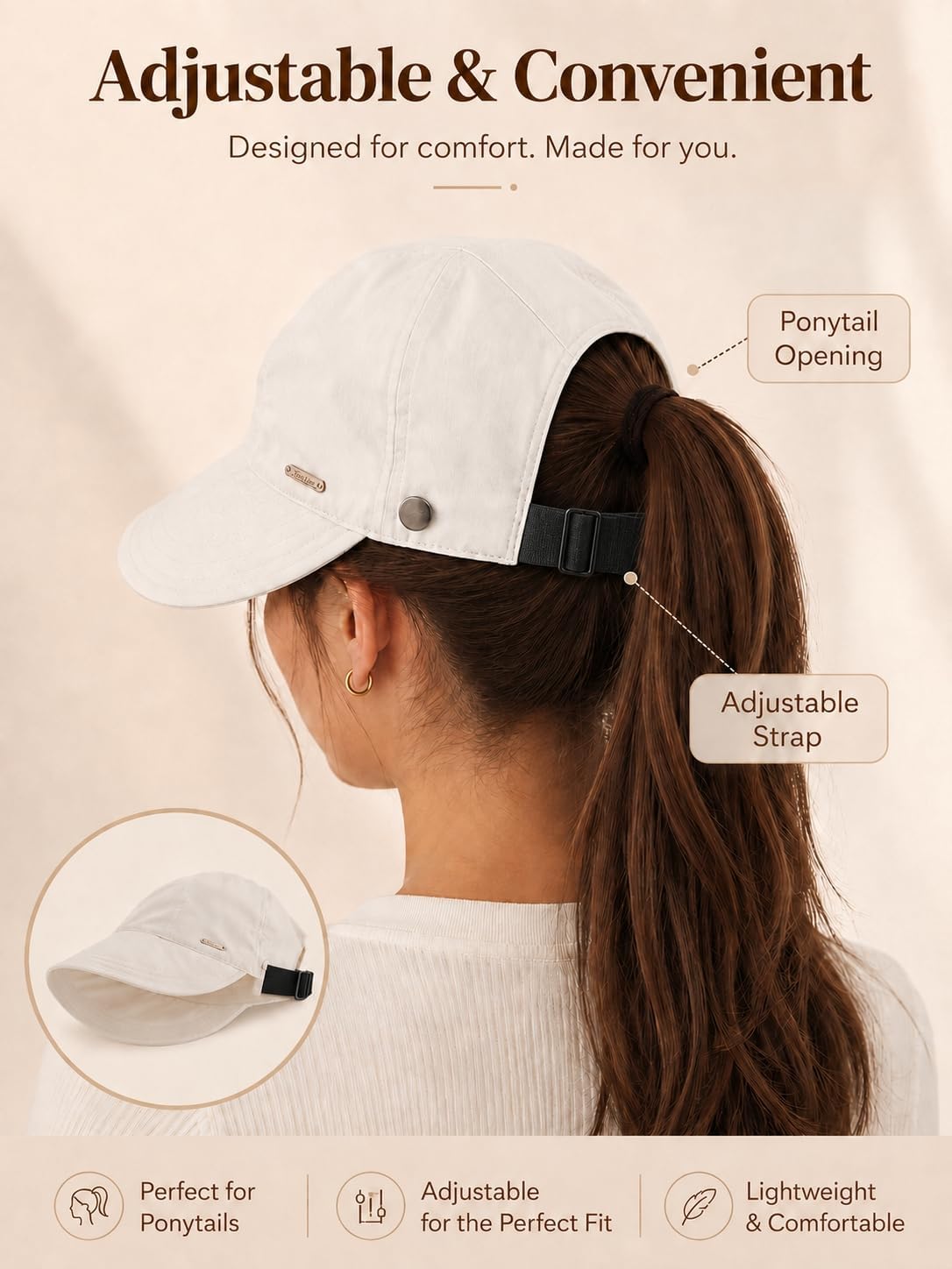Women's Adjustable Ponytail Sun Hat, Wide Brim Summer Protection Cap image 3