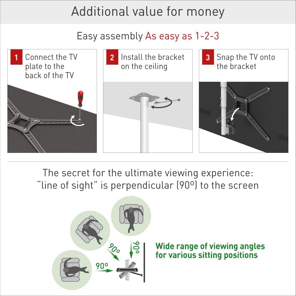 Barkan 38'' Long White TV Ceiling Mount, 13-65 inch Full Motion - 3 Movement Flat/Curved Screen Bracket, Holds up to 88lbs, Telescopic Height Adjustment, Fits LED OLED LCD