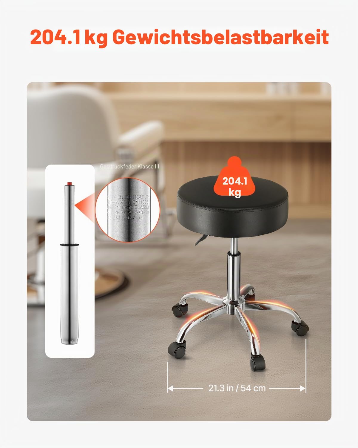 VEVOR Sattelhocker Rollhocker 204 kg belastbarer höhenverstellbarer (55-71 cm) Drehhocker Arbeitshocker PU-Leder-Drehsattelstuhl für Salon Spa Massage Klinik Schwarz