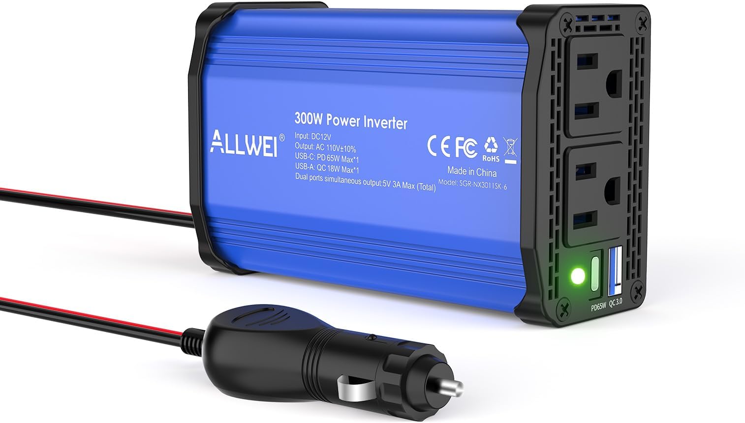 ALLWEI 300W Car Power Inverter, DC 12V to 110V AC Converter Car Plug Adapter Outlet with 65W PD USB-C & 18W USB-A Fast Charge, Car Cigarette Lighter Charger for Phone, Laptop, Tablet - Blue