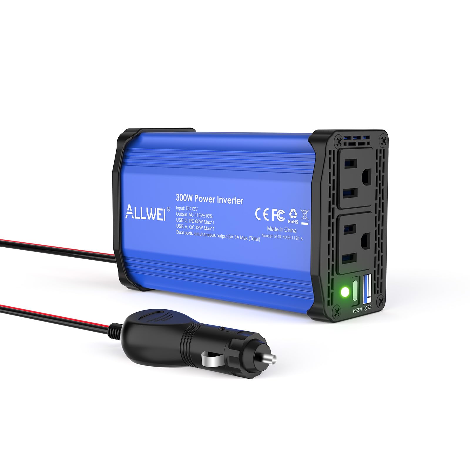 ALLWEI 300W Car Power Inverter, DC 12V to 110V AC Converter Car Plug Adapter Outlet with 65W PD USB-C & 18W USB-A Fast Charge, Car Cigarette Lighter Charger for Phone, Laptop, Tablet - Blue