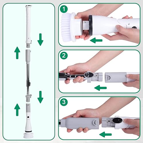 Miniatura 8 de Cepillo de limpieza eléctrico giratorio inalámbrico con mango largo desmontable ajustable y 4 cabezales de cepillo reemplazables, suministros de