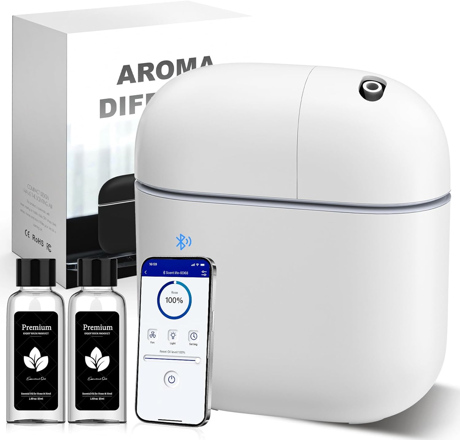 Hotel Scent Diffuser Kit for Home, Includes 2 Premium Oils, Waterless Essential Oil Aromatherapy Diffuser Cover 3500 Sq.ft. App Control,Powerful Nanotechnology System for Large Room Office Spa-White