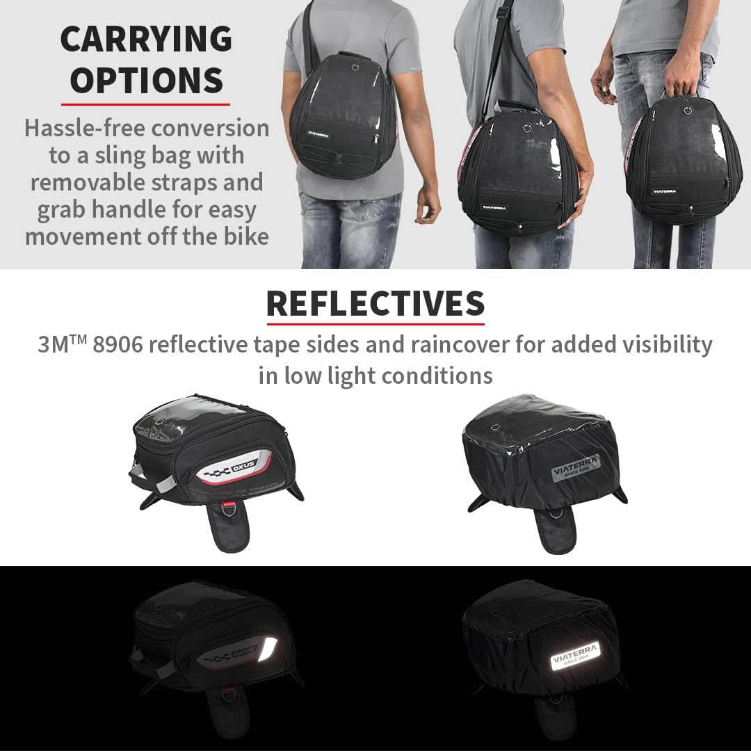 ViaTerra Oxus Magnetic Motorcycle Tank Bag |13L Capacity, Converts to Backpack, Scratch-Free Base, EBC Net, External Rain Cover | Universal Fit for Touring & Adventure Riding