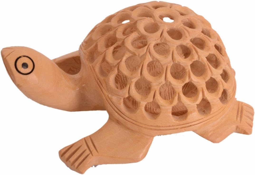 Purpledip Wooden Tortoise/Turtle with Jaali Carving Work; Miniature Nested Statue Showpiece (10980)