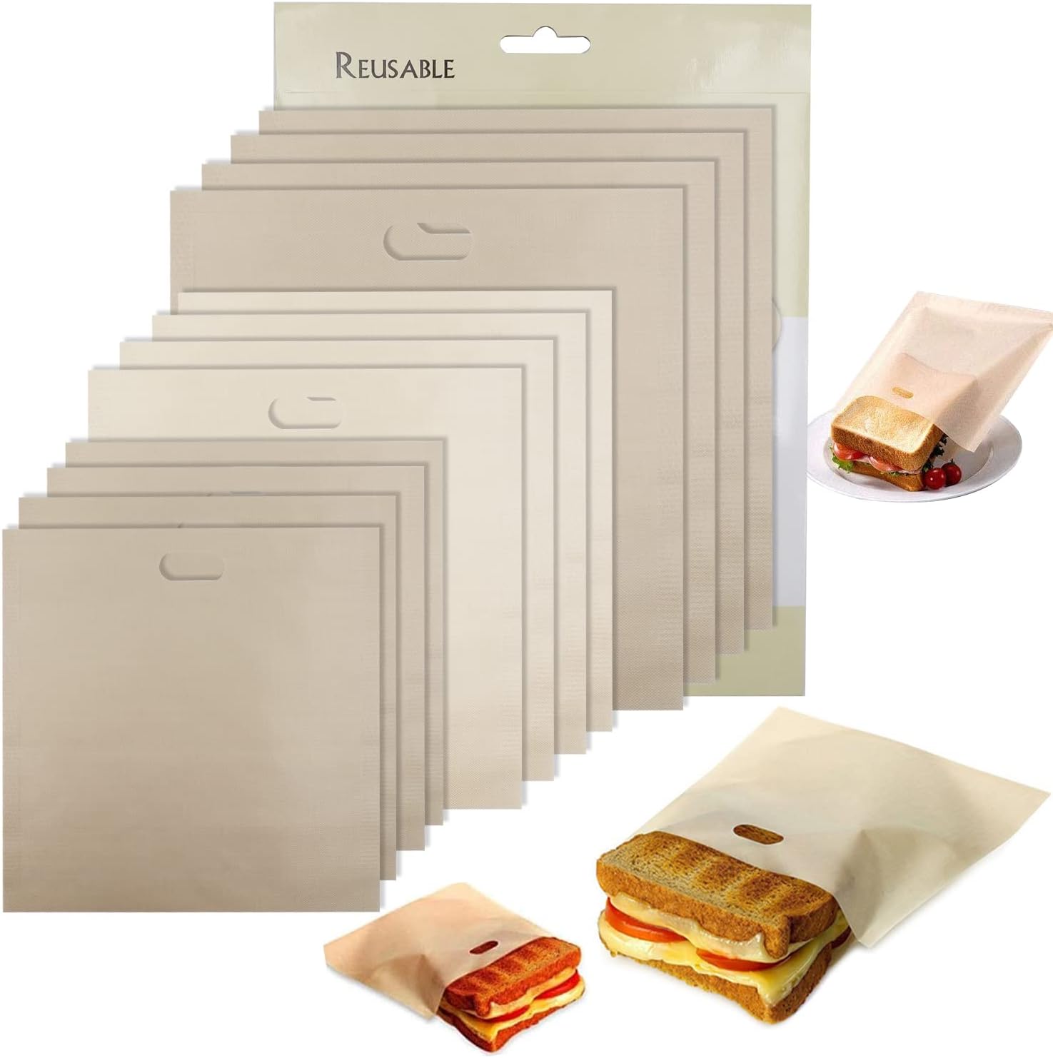 Tezam Toaster Bags Reusable for Grilled Cheese Sandwiches | Safest On The Market - 100% BPA & Gluten Free | Non Stick Toast Bag (12PCS)