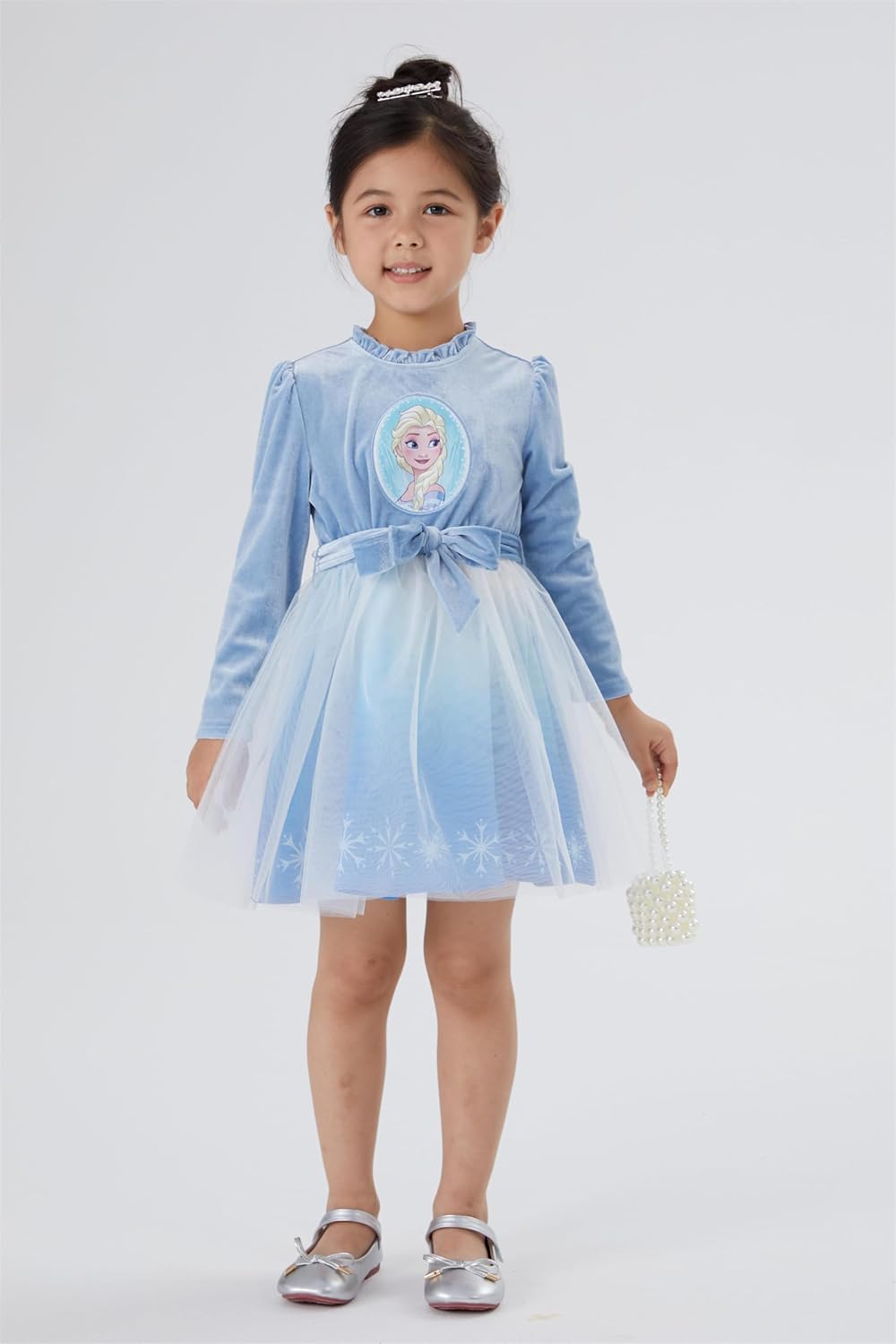 Disney Frozen Elsa Princess Cinderella Ariel Jasmine Rapunzel Baby/Toddler Dress, Ruffle Long-Sleeve Mesh Overlay Tulle Dress 4-5T Frozen Else Velvet Blue