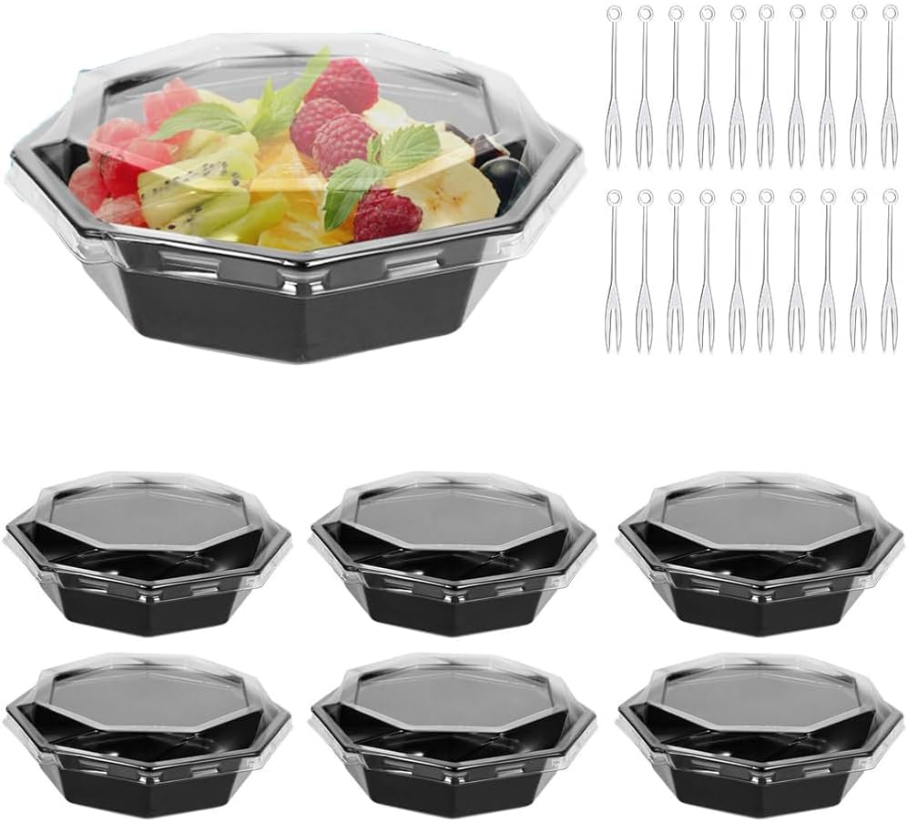 Goodern 20PCS Appetizer Serving Trays with Lids and Forks,Octagon Plastic Appetizer Tray Disposable Food Storage Containers Kids Snack Dessert Fruit Platter Vegetable Trays for Party Buffet-Black