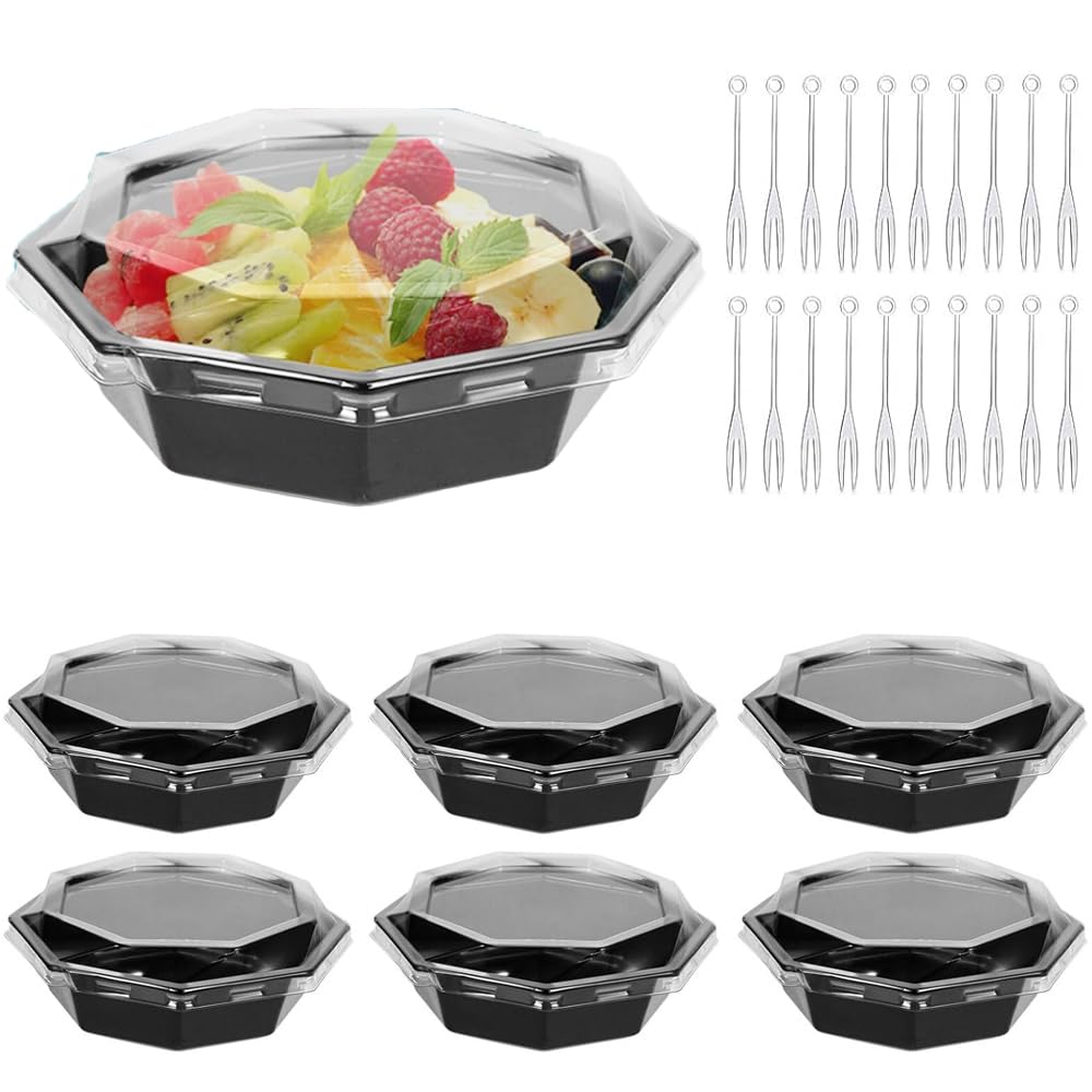 Goodern 20PCS Appetizer Serving Trays with Lids and Forks,Octagon Plastic Appetizer Tray Disposable Food Storage Containers Kids Snack Dessert Fruit Platter Vegetable Trays for Party Buffet-Black