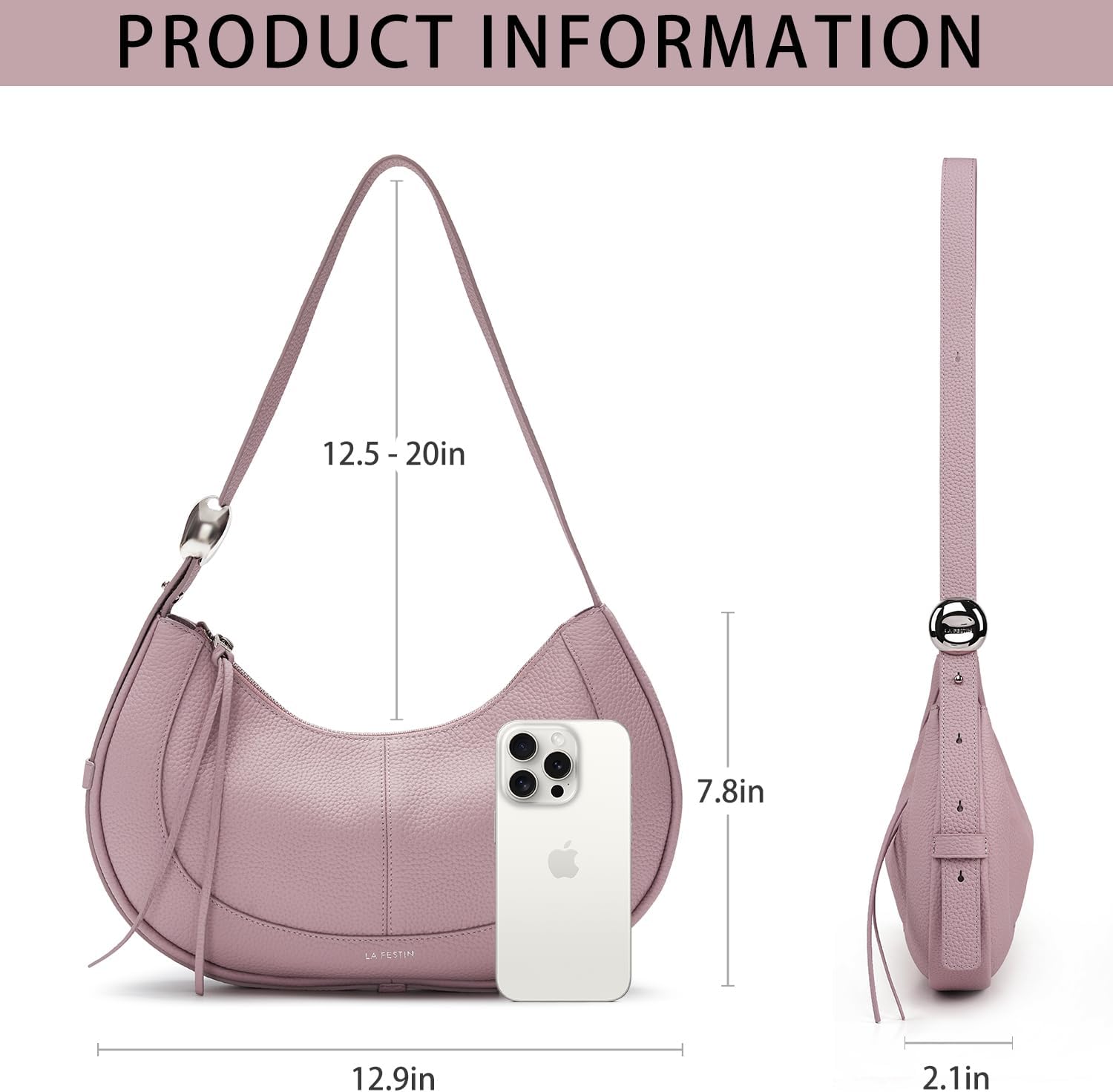 LAFESTIN Women's Leather Crossbody Bag - Adjustable Strap Hobo Purse with Zipper, Trendy Crescent Shoulder Bag for Daily Use - Image 4