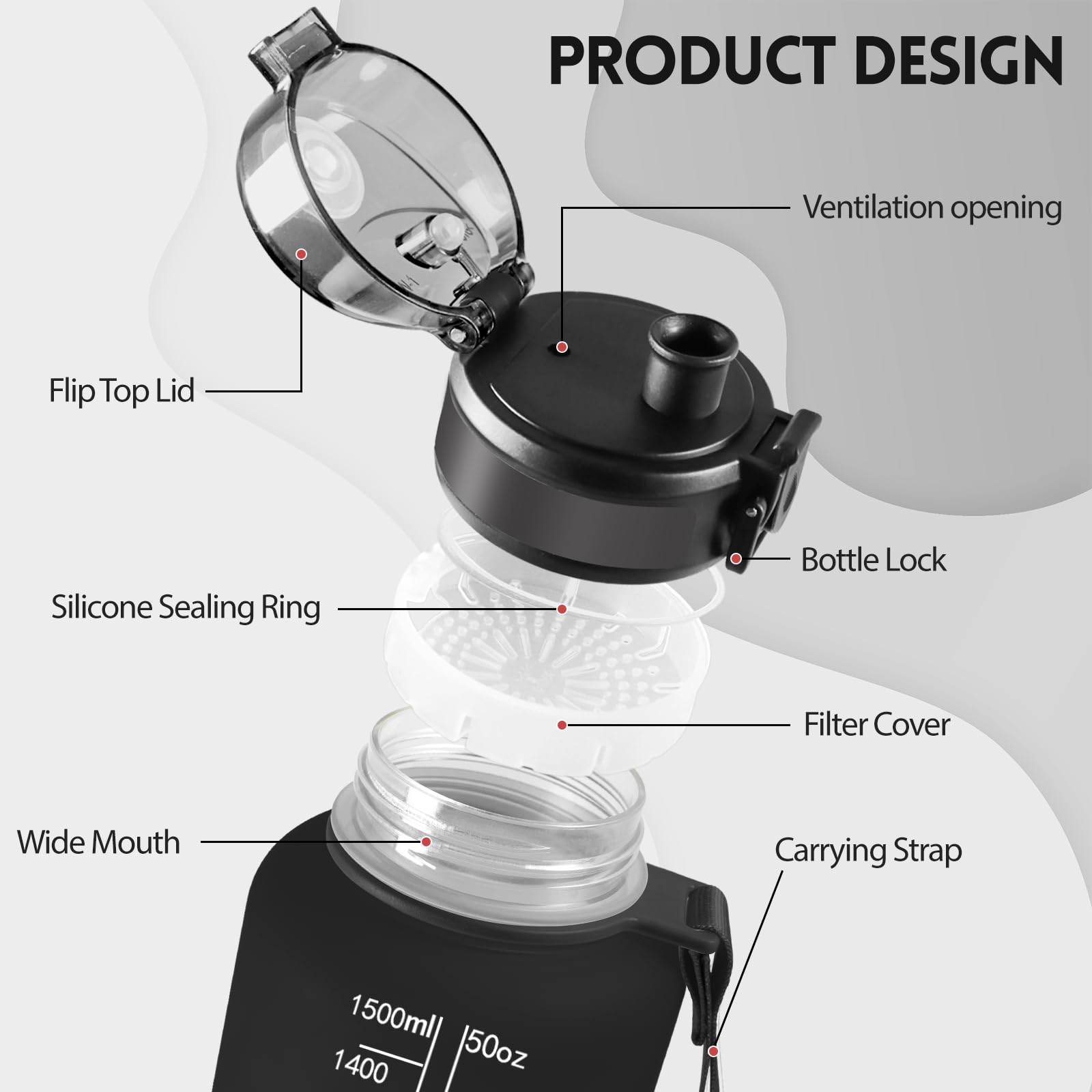 Baramumu Borraccia 1 litro, Borraccia Palestra, a Prova di Perdite, Bottiglia acqua, Facile da Aprire, Borracce, per Fitness, Yoga, Ufficio, Palestra, Trekking, Nero&Rosso - 3