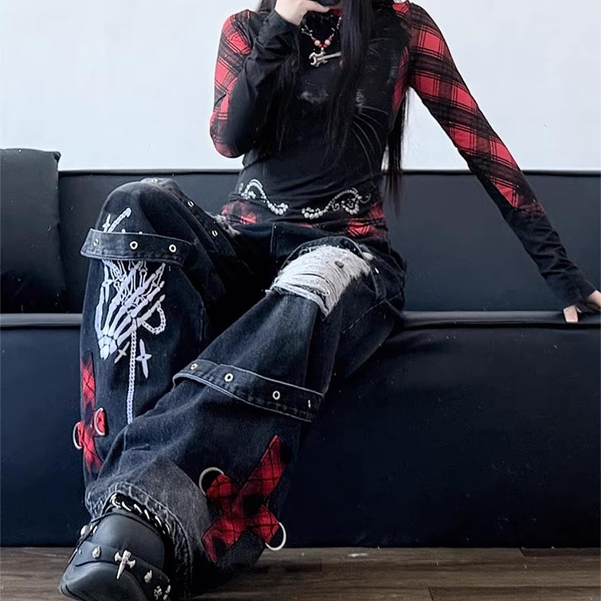 Harajuku Gothic High Waisted Straight Leg Jeans Y2K Vintage Lattice Fringe Ripped Embroidered Denim Pants - Image 4